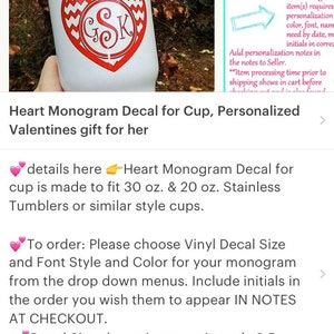 Heart Monogram Decal for Cup, Personalized Valentines gift for her, Gifts image 2