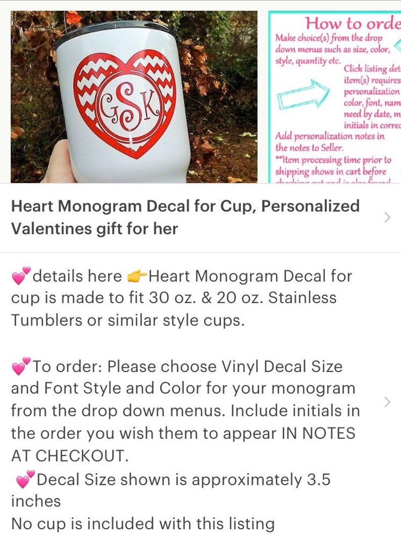 Heart Monogram Decal for Cup, Personalized Valentines gift for her, Gifts image 2
