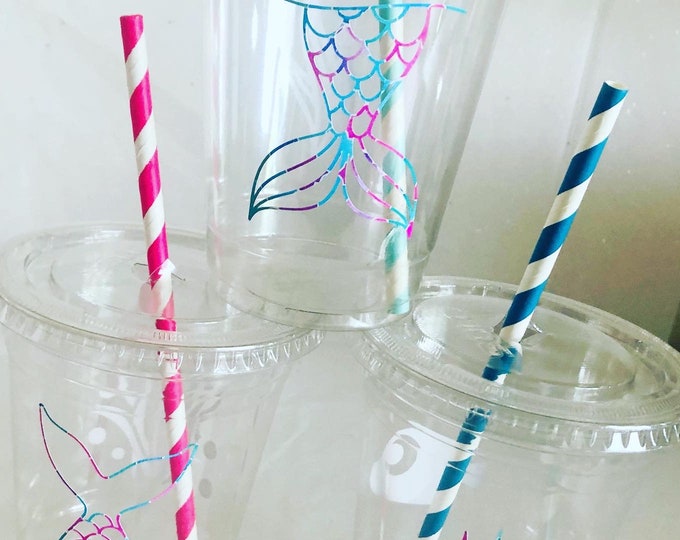 Mermaid Birthday Party Cups: Undersea Theme, Straws & Lids