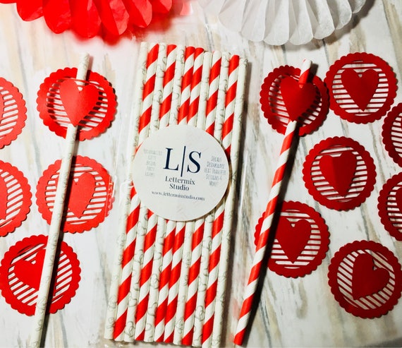 Red & Silver Paper Straws, Valentine's Day Party Decor