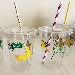 Mardi Gras Party Cups, Set of Plastic Cups with Straws, Recyclable Plastic Cup, Black Friday Sale