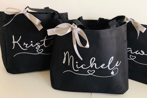 Personalized Bridesmaid Tote Bag: Bridal Party Gift, Black Polyester Tote
