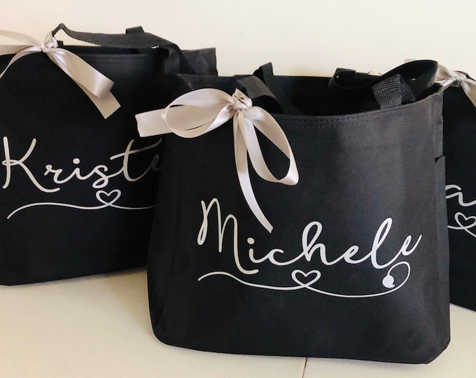 Personalized Bridesmaid Tote Bag: Bridal Party Gift, Black Polyester Tote