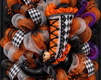 Halloween Witch Corset Wreath, Purple Orange Black Halloween Door Hanger, Witch Hat Wreath, Gothic Halloween Decor