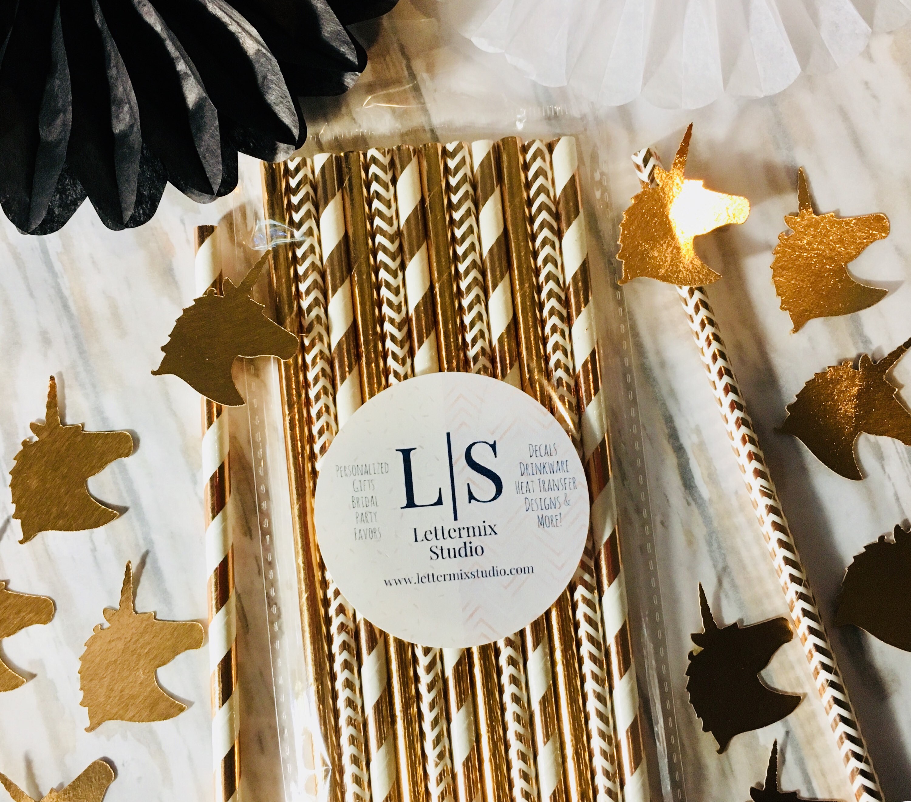 Paper Straws, Rose gold and White paper straws, Unicorn Birthday Party Straws, Cake Pop stickss, Gifts