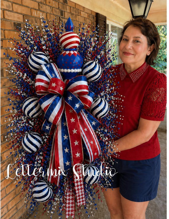 Patriotic Teardrop Swag Wreath, Red White Blue Summer Door Decor, America 250, Handcrafted