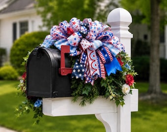 Patriotic Mailbox Swag, Summer Wreaths, Patio Decor