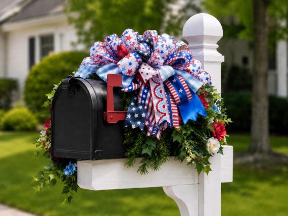 Patriotic Mailbox Swag, Summer Wreaths, Patio Decor