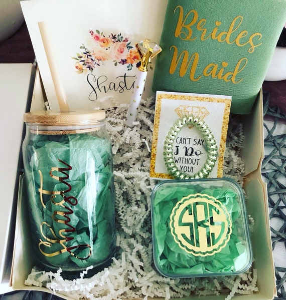Bridesmaid Proposal Box Set: Personalized Iced Tea Glass, Sage & Gold