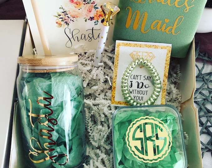 Bridesmaid Proposal Box Set: Personalized Iced Tea Glass, Sage & Gold