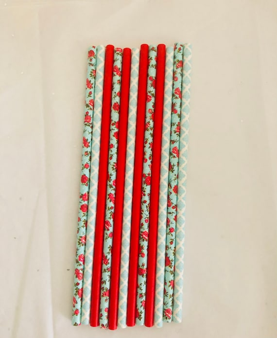 Blue and Red Floral Paper Straws, Garden Party, Biodegradable Straws