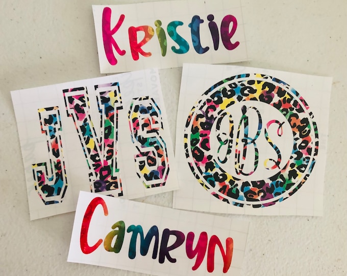 Holographic Rainbow Leopard Name Decal: Custom Monogram Sticker