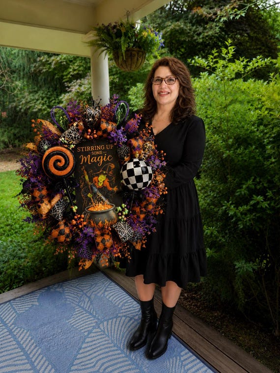 Spooky Halloween Wreath, Orange Purple Black Fall Door Decor, Halloween Tumbler, Mug, Bow