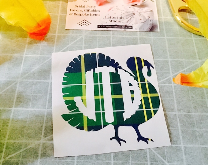 Plaid Turkey Vinyl Decal, Personalized Monogram (Cup or Car Sticker)