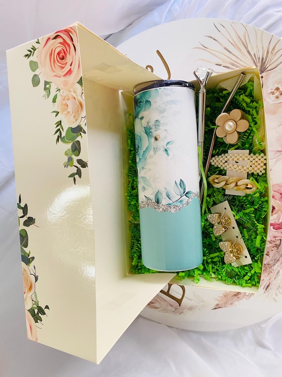 Teal Floral Bridesmaid Proposal Box: Tumbler & Hair Accessories