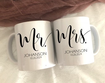 Mr. and Mrs. Mug Set, Unique Wedding Gift, His and Hers Gift, Bride Gift, Personalized Ceramic Mugs for Couple