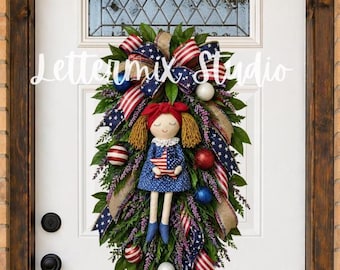 Vintage Doll Swag Wreath, Fourth of July Door Decor, Memorial Day