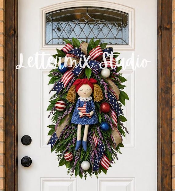 Vintage Doll Swag Wreath, Fourth of July Door Decor, Memorial Day