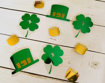 St Patrick's Day Foil Iron On Appliques, Shamrock, Leprechaun Hat, Set of 10