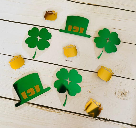 St Patrick's Day Foil Iron On Appliques, Shamrock, Leprechaun Hat, Set of 10