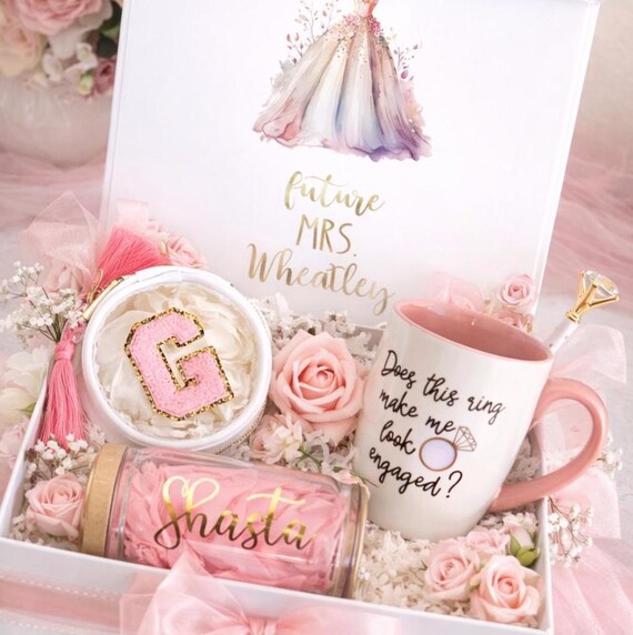 Future Mrs. Engagement Gift Box, Look Engaged Mug, Chenille Initial