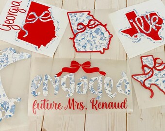 Personalized Toile State Decal | Custom State Iron On Transfer | Blue & White Floral Vinyl Decal | Bride, College, Gift, Car Decal