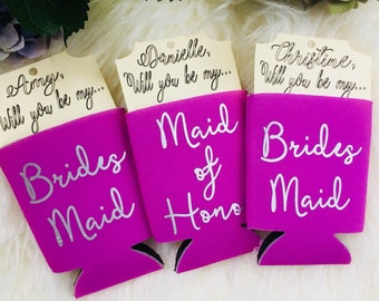 Bridesmaid proposal Can sleeve invites, Fuchsia and silver bridal party favorss, Gifts