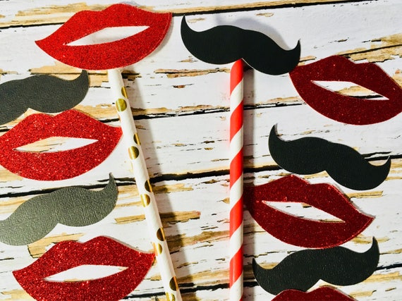 Red and Gold Paper Straws, Lips and Mustache Valentine's Photo Props