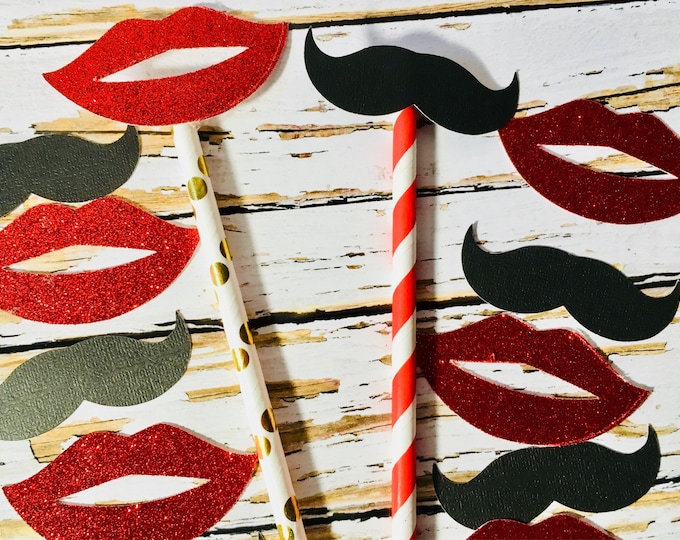 Red and Gold Paper Straws, Lips and Mustache Valentine's Photo Props