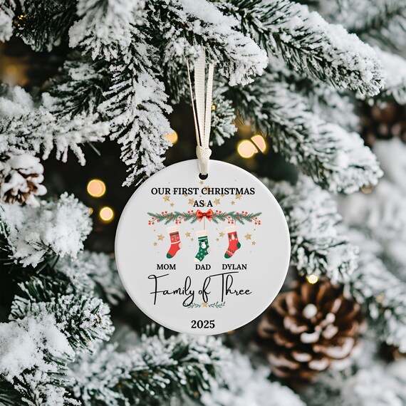 Personalized First Christmas Ornament:  Names on  Stockings Ceramic Ornament