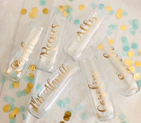 Personalized Stemless Champagne Flutes: Bridal Party Wine Glasses