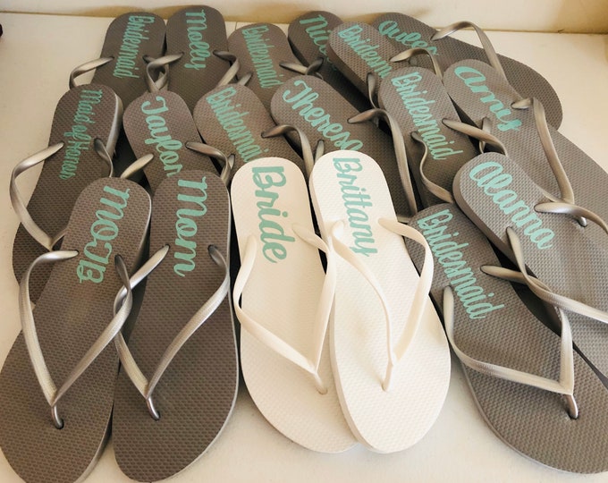 Personalized Bridal party Silver flip flops