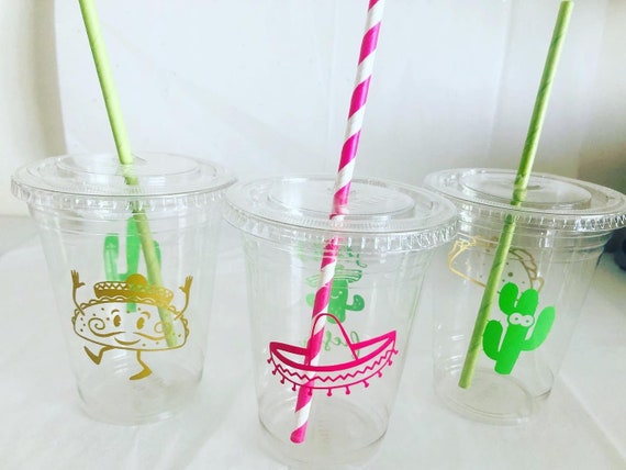 Fiesta Birthday Party Cups, Taco Theme, with Straws & Lids
