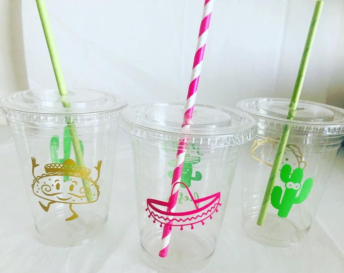 Fiesta Birthday Party Cups, Taco Theme, with Straws & Lids