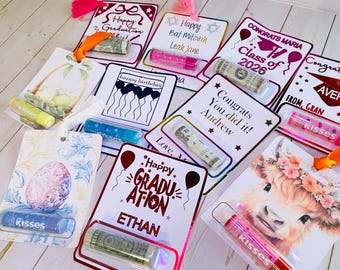 Personalized Money & Lip Balm Holder Card | Graduation, Birthday, Bat Mitzvah, Easter Gift