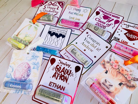 Personalized Money & Lip Balm Holder Card | Graduation, Birthday, Bat Mitzvah, Easter Gift