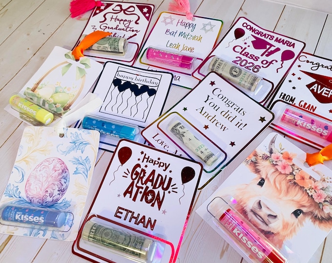Personalized Money & Lip Balm Holder Card | Graduation, Birthday, Bat Mitzvah, Easter Gift
