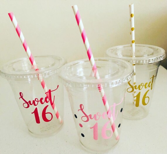 Sweet 16 Birthday Party  Cups, Quinceanera, Plastic Cups with Straws, Gifts