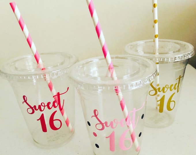 Sweet 16 Birthday Party  Cups, Quinceanera, Plastic Cups with Straws, Gifts