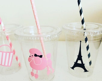 Paris Party Cups: Eiffel Tower, Poodle Design - 16 oz Plastic Cups with Straws