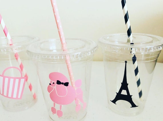 Paris Party Cups: Eiffel Tower, Poodle Design - 16 oz Plastic Cups with Straws