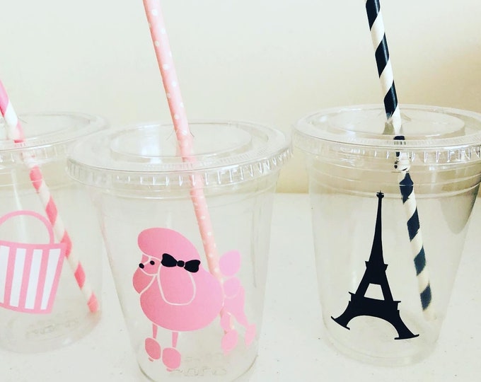 Paris Party Cups: Eiffel Tower, Poodle Design - 16 oz Plastic Cups with Straws