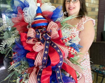 Patriotic Teardrop Swag Wreath, Red White Blue Summer Door Decor, America 250