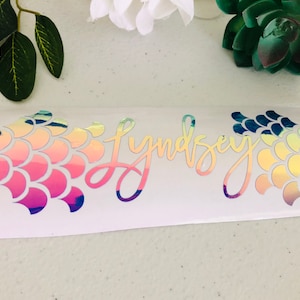 Holographic Mermaid Scales Name Decal, Personalized Cup Decals