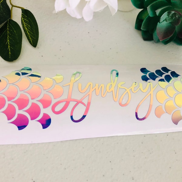 Holographic Mermaid Scales Name Decal, Personalized Cup Decals