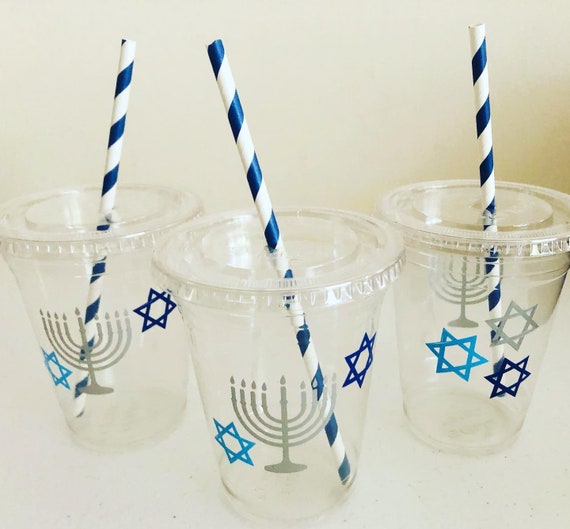 Hanukkah Party Cups, Bat Bar Mitzvah, Plastic Cups with Straws, Gifts