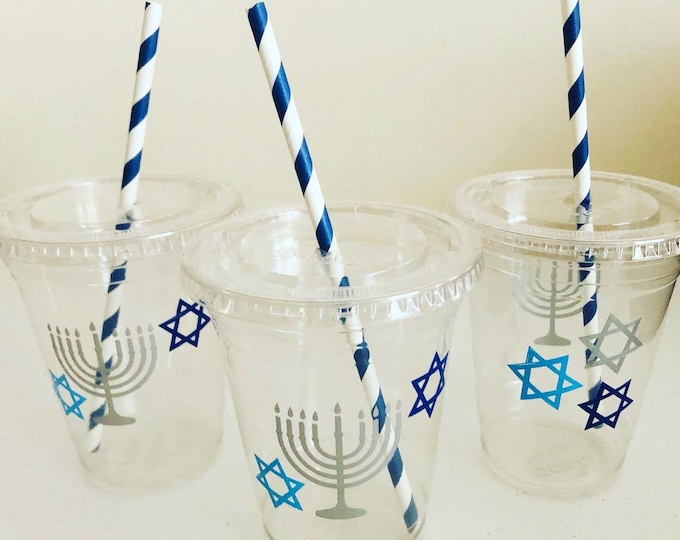 Hanukkah Party Cups, Bat Bar Mitzvah, Plastic Cups with Straws, Gifts