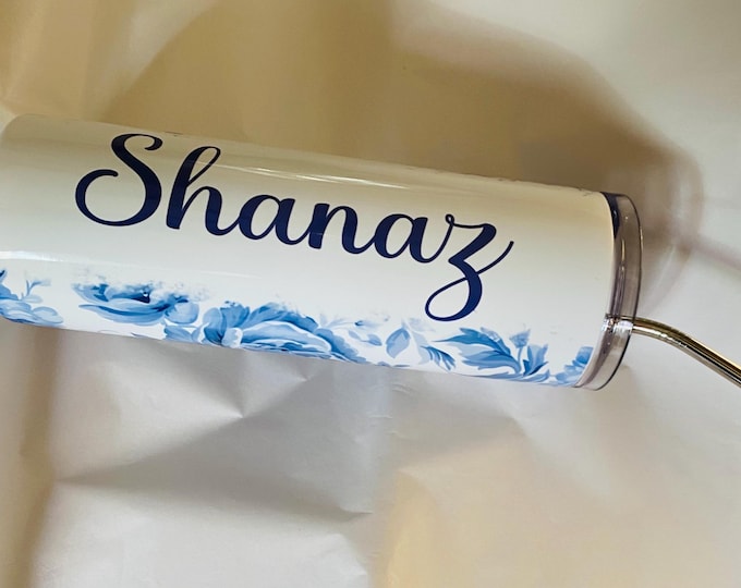 Personalized Toile Tumbler: Regency Chinoiserie Stainless Steel Travel Mug