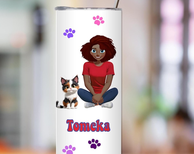 Personalized Girl and Cat Tumbler, Cat person gift