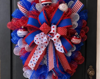 Memorial Day Wreath, Red White Blue Swag Wreath, Summer Door Decor, America 250